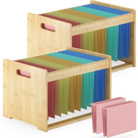 Wisuce Essentials Hanging File Organizer Box for Letter Size, 2 Pack Bamboo File Folder Organizer, Storage Moving Boxes with Handle Wood Desk Filing Box for Office Banker Document