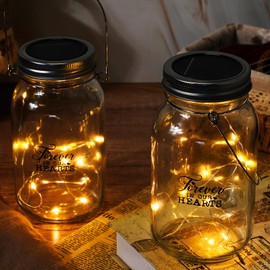 Frienda 2 Sets Solar Mason Jar Lights Memorial Lights, Jar, Hangers Included, 20 LED Waterproof Grave Decorations Fairy Lights Memorial Gifts for Outdoor Garden Yard Lawn Lights(Forever in Our Heart)