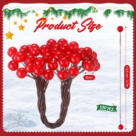 BBTO Artificial 200 Pack Holly Christmas Berries on 100 Wire Stems 8 mm Fake Berries for Christmas Tree Decorations Wreath Craft Wedding Party Favor (Red)