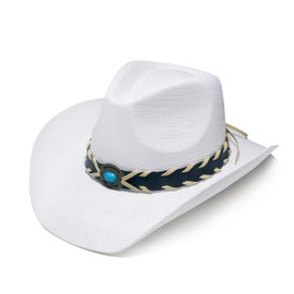 YOUBADU Western Straw Cowboy and Cowgirl Hats with Decorative Bands - Unisex Wide Brim Raffia Style Sun Hat (US, Alpha, One Size, Medium, White)