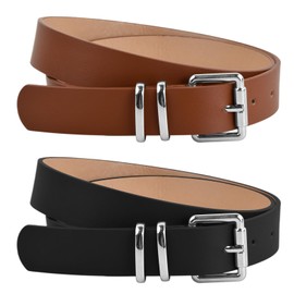 Anseom 2 Packs Women's Leather Belts, Women's Belts with Silver Buckle Fashion Vintage Adjustable Leather Ladies Belts Waist Belt for Jeans Dresses, Length 105 cm, width 2.8 cm (Black+Brown)