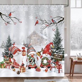 Bonhause Shower Curtain Christmas Gnome Xmas Christmas Tree Winter Shower Curtains 180 x 180 cm Anti-Mould Waterproof Polyester Fabric Washable Bathroom Curtain for Bathroom with 12 Hooks