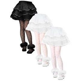 Fourluoo 3 Pairs White Black Lace Tights for Girls Toddler Heart Hollow Sheer Stockings Dance Pantyhose for First Communion(3-5 Years)