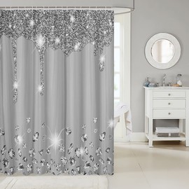 Loussiesd Silver Glitter Shower Curtain (No Glitter) Bling Partyations Grey Bathroom Fabric Shower Curtain Set for Diamond and Jewelry Bath Curtain Waterproof Curtains Stalls Bathtubs 59x71 Inch