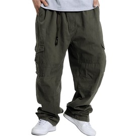 Kinghua Baggy Cargo Pants Men Casual Loose Fit Elastic Waist Cotton Twill Baggy Pants (34, Army Green)