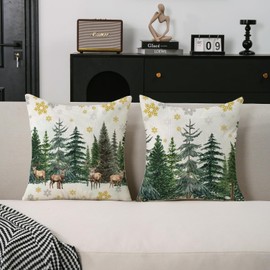 TAJWE Christmas Pillow Covers 18x18 Inch Set of 2 Reindeer Snowflake Xmas Tree Decorative Pillowcases Farmhouse Christmas Themed Winter Holiday Lumbar Cushion Covers for Sofa Couch Home Decor