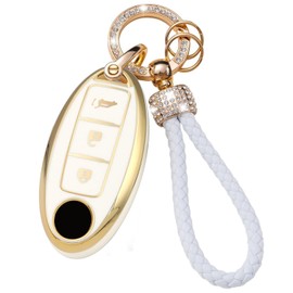 HIBEYO Key Fob Cover Compatible with Nissan Altima Maxima Murano Rogue Sentra Pathfinder Versa Sedan Infiniti Leather& Zinc Alloy Key Case Shell with Keychains-A Type (3 Button-c)