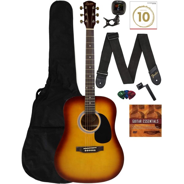 Fender Squier Dreadnought Acoustic Guitar - Sunburst Learn-to-Play Bundle with Gig Bag, Tuner, Strap, Strings, Winder, Picks, Online Lessons, and Austin Bazaar Instructional DVD