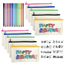 JurciCat Pack of 10 Fabric Pencil Case with 12 Coloured Pens and 8 Drawing Templates Pockets for Painting for Crafts Children's Birthday Party Favours Party Bags Children's Birthday Party Bags, beige,