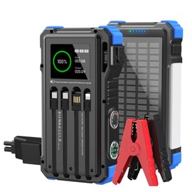Uukto Car Battery Solar Jump Starter, 5000A Peak 12V Portable Jump Box for Up to 10.0L Gas & 6.0L Diesel Engines, Battery Pack with Built in Charge Cable, Jumper Cables & Flashlight,Blue