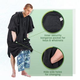 Catalonia Hooded Surf Poncho, Changing Towel Robe with Pocket, Quick Dry Swim Pool Towel for Adults Men Women, Summer Beach Poncho Robe for Surfing Swimming Camping, Black