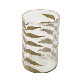 Creative Co-Op Handblown Glass Hurricane with Embedded Neem Leaves and Gold Foil Edge, Clear, 5" L x 5" W x 7" H