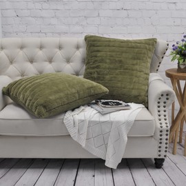 BYTIDE Striped Faux Fur Decorative Euro Throw Pillow Covers with Sherpa Back 26 x 26 Inches Set of 2, Plush Soft Luxury Cushion Case Pillowcase for Couch Bed Bedroom Living Room, Olive Green