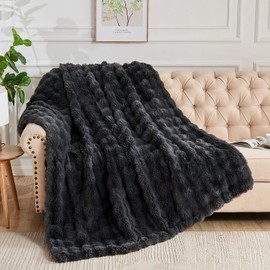 Lotus Karen Faux Fur Blanket Dark Gray Twin Size - Big Bubble Rabbit Fluff Blanket for Couch, Small Fluffy Fuzzy Cozy Blanket, Thick Furry Plush Shaggy Blankets, 60x80 Inches