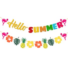 LMSHOWOWO Glitter Hello Summer Banner, 2PCS Hawaiian Party Decorations Bunting Garland Banner with Flamingo Pineapple Pattern, for Hawaii Tropical Theme Aloha Summer Beach Pool Birthday Party