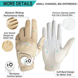 FINGER TEN Golf Gloves Men's Golf Gloves Left Right Leather Glove Value 1 2 Pieces Not Pair Golf Glove Left Right with Ball Marker All-Weather Grip (1 Piece Khaki, ML, Left)