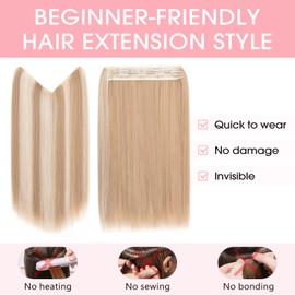 Silk-co Hair Extension with Elastic Band, 50 cm, Straight Extensions with Wire and Clips, Adjustable Secrets Hairpiece, Synthetic Hair Extensions for Women, Honey Blonde, Highlight Bleach Blonde