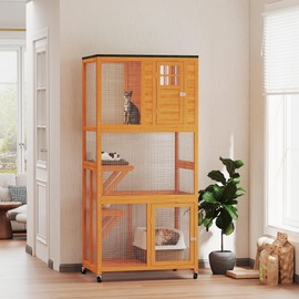 PawHut 74" Wooden Catio Outdoor Cat Enclosure Weatherproof & Wheeled, Outside Cat House with High Weight Capacity, Kitten Cage Condo, Orange