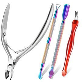 YBVABE Cuticle Pusher with Trimmer and Cutter, 4Pack Cuticle Remover Nippers Kit, Stainless Steel Nail Cuticle Clippers Scraper Dead Skin Remover Professional for Fingernails &Toenails