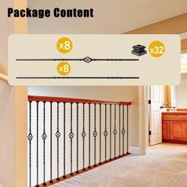 Vilstomes 16 Pack Wrought Iron Balusters, 44" Iron Balusters for Staircase, Satin Black Metal Stair Spindles Balusters for Staircase Interior W/Baluster Shoes (8 Double Twist +8 Single Basket)