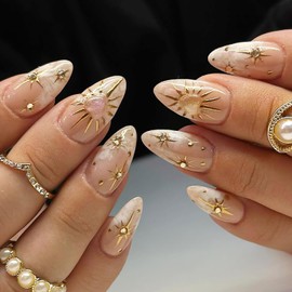 24Pcs Almond Press on Nails Medium Length Fake Nails with 3D Heart Rhinestone Glitter Designs Glossy Nude Gradient Acrylic Nails Chrome Gold Stars False Nails Full Cover Stick on Nails for Women Girls