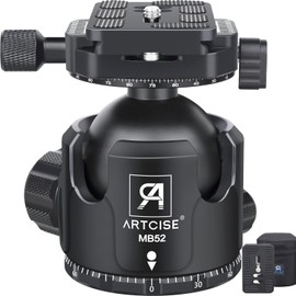 ARTCISE 52mm Low Center of Gravity CNC Precision Machined Aluminum 360 Degree Rotation Double Panoramic Pan Tripod Head Arca-Swiss Compatible Quick Shoe Freedom Head SLR DSLR Camcorder Max Load