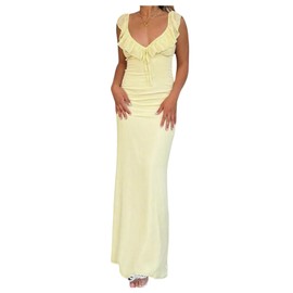 SOLY HUX Women's Summer Maxi Dress V Neck Ruffle Sleeveless Bodycon Cocktail Party Long Dresses Plain Yellow Small