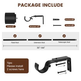 1” Diameter Curtain Rods Itself is 30 to144 inch 1 Pack Fit 30-142 inch, 66 to 120 inch Window with Heavy Duty Adjustable Rod Matte Black Curtain Splicing Metal Extra Long Curtain Rod for Windows