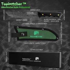 Topbutcher chef butcher knife set professional- Black panther print Japanese Damascus - feel firm grip Handle-include Knife Sheath,Knife sharpening stick,knife box (Boning Knife - 7.3")