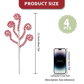4 Pcs Red White Christmas Candy Cane Picks Curly Sprays Ornaments Cotton Peppermint Swirled Branches for Xmas Tree Topper Stems Decorations Vase Filler DIY Craft Wreath Garland Home Holiday Decor