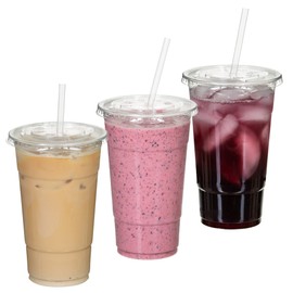 QUIDDITY WARE 100 Sets (24oz) Disposable Crystal Clear Plastic Cups with Flat Lids and Straws
