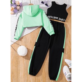 Hilinker Girls Graphic 3 Piece Outfits Workout Hoodie Crop Tank and Sweatpants Set Green Black LA 7-8 Year