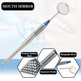 MuskalMed New Blue Titanium Dental Mouth Mirror Hollow Round Handle Slip-Resistance 6.5" with 10 Piece Replaceable Dental Mouth Mirror #5 Teeth Inspection Cleaning Examination Tools DN-2395