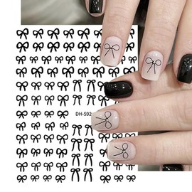 6 Sheets Designer Nail Art Stickers French Nail Decals Black White Bow Designs 3D Adhesive Bow Transfer Tape Slider Decals Foil Popular Bow Nail Art Decorations for Women Manicure Accessories