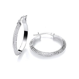 Sterling Silver 25mm Greek Key Patterned Hoop Creole Earrings - Solid 925 Silver - 1 inch Diameter