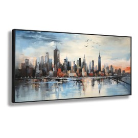Wall Art Framed Abstract Cityscape Wall Decor Canvas Prints Blue Colorful City Theme Paintings Modern Artwork for Living Dining Room Bedroom Office Decoration 20"x40"