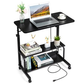 Pinikuyiro Standing Desk with Power Outlets, 31.5" Manual Stand Up Desk with Storage Shelves Small Mobile Rolling Computer Desk Portable Laptop Table with Wheels for Home Office (Black)