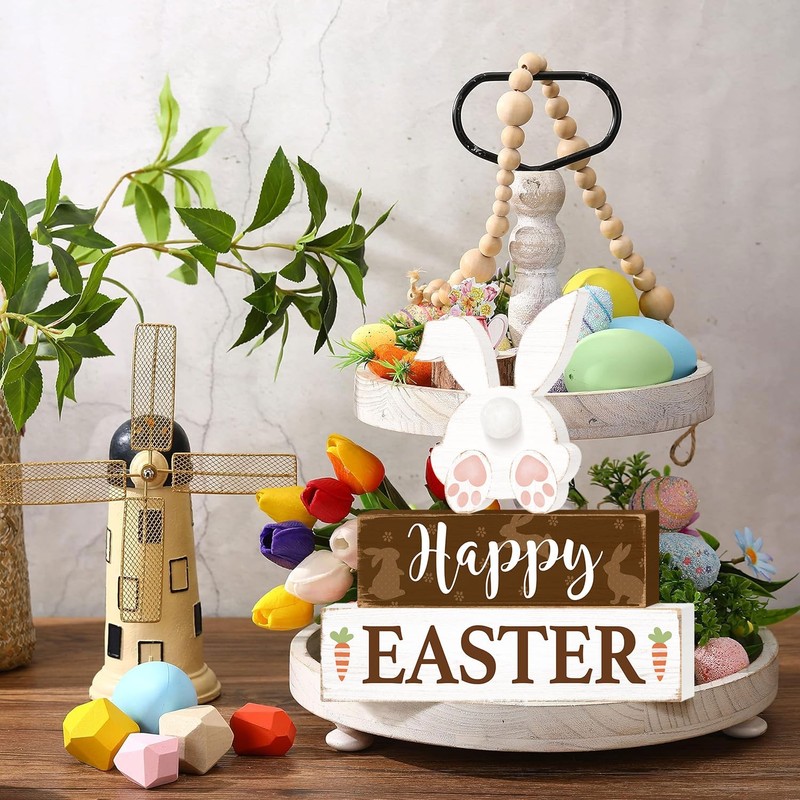 Happy Easter Bunny Table Sign Decorations, Easter Wooden Block Tabletop