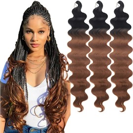 30 Inch Body Wave Crochet Hair 3 Packs Synthetic Curly Braiding Hair Ocean Wave Twist Crochet Braids French Curl Crochet Braids Wavy Braiding Hair Extensions(30",Black-Brown)