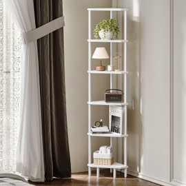 IRCPEN 6 Tier Corner Shelf, 66.5'' Tall Standing Shelf, Narrow Display Shelf Stand, Modern Corner Bookshelf, Plant Stand, Corner Bookcase for Living Room, Bedroom, Bathroom, White LCS502W