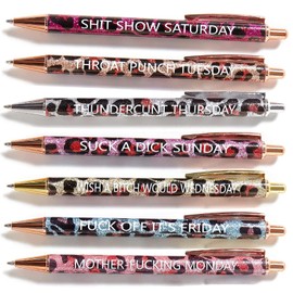 7pcs Funny Pens, Seven Days of The Week Pen Describing Mentality, Weekday Vibes Glitter Pen for Each Day of The Week, Reusable Leopard Pens Ballpoint Pens for Colleague Coworker Office Gifts