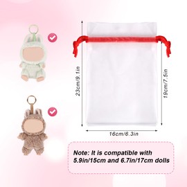 Clear Doll Display Bag, Portable Protective Case with Pom Poms Flower Bell Rope Hanging Carrying Pouch Drawstring Organizer Protector Cover Accessories for Collectibles Figures & Plush (Red-Large)
