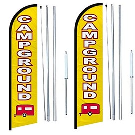 R and R Industries Campground Flags Pack of 2 with Complete Hybrid Pole Set| 2.5 ft by 11.5 ft Business Flags for Outside| Weatherproof Polyester Flags for Campground Business| Campground Banners Advertising