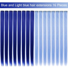 MQY COLOR 16 PCS Multi Colored Hair Extensions Clip in Kids Blue Hairpieces Party Highlights DIY Blue Hair Accessories for Girls Women 21 Inches Long Hair (Dark blue,Light blue)