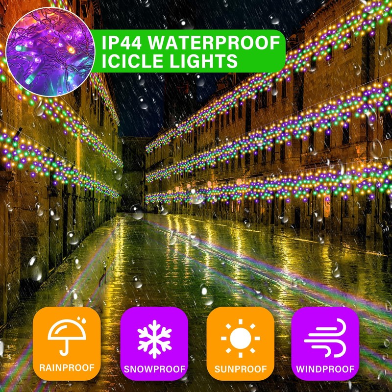 65ft Green Yellow Purple Mardi Gras Light Solar Icicle Light