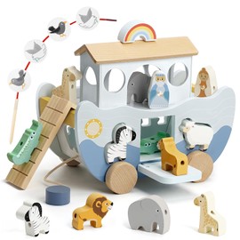 Joyreal Wooden Noah's Ark Toy for 1 Year Old Baby Boy and Girl Baptism Gift - Neutral Color Montessori Educational Toy with Animal Shape Sorter - Christian Toys for Toddler 1-3 Christmas Birthday Gift