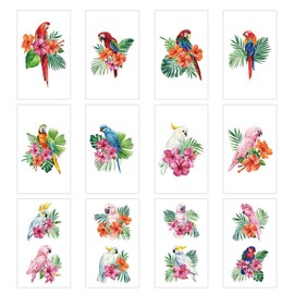 Parrot Bird Temporary Tattoo Stickers, Colorful Flower Macaw Fake Tattoos Tropical Themed Birthday Party Decorations Supplies Favors For Kids Adult Women