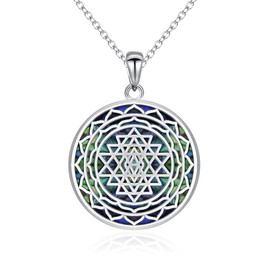 YAFEINI Sri Yantra Necklace Sterling Silver Abalone Shell Sri Yantra Pendant Jewelry for Women Men