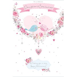 Greetings Daughter & Son-in-Law Anniversary Card - Love Birds Pink Heart Silver Foil 9x6