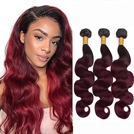 muaowig Burgundy Human Hair Bundles Body Wave Brazilian Remy Hair 3 Bundles Tow Tone #1b/99j Ombre Hair Bundle Red Hair Weave Dark Roots To Red Hair 3 Bundle 8 10 12 inch